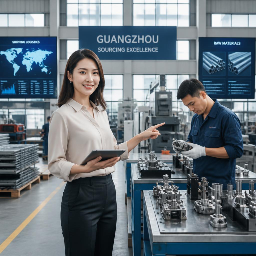 A China sourcing agent using a digital tablet to discuss procurement logistics with a factory worker on a modern manufacturing