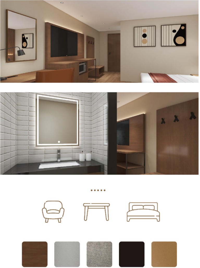 Hotel procurement from China showing furniture, aluminum doors, windows and commercial kitchen equipment manufacturing process in a factory