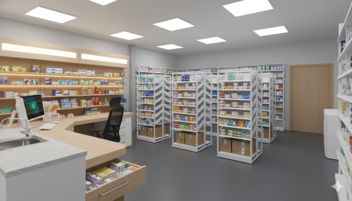 Custom pharmacy wall shelving and display units manufactured in China for Kuwait pharmacy chain — complete fit-out solution
