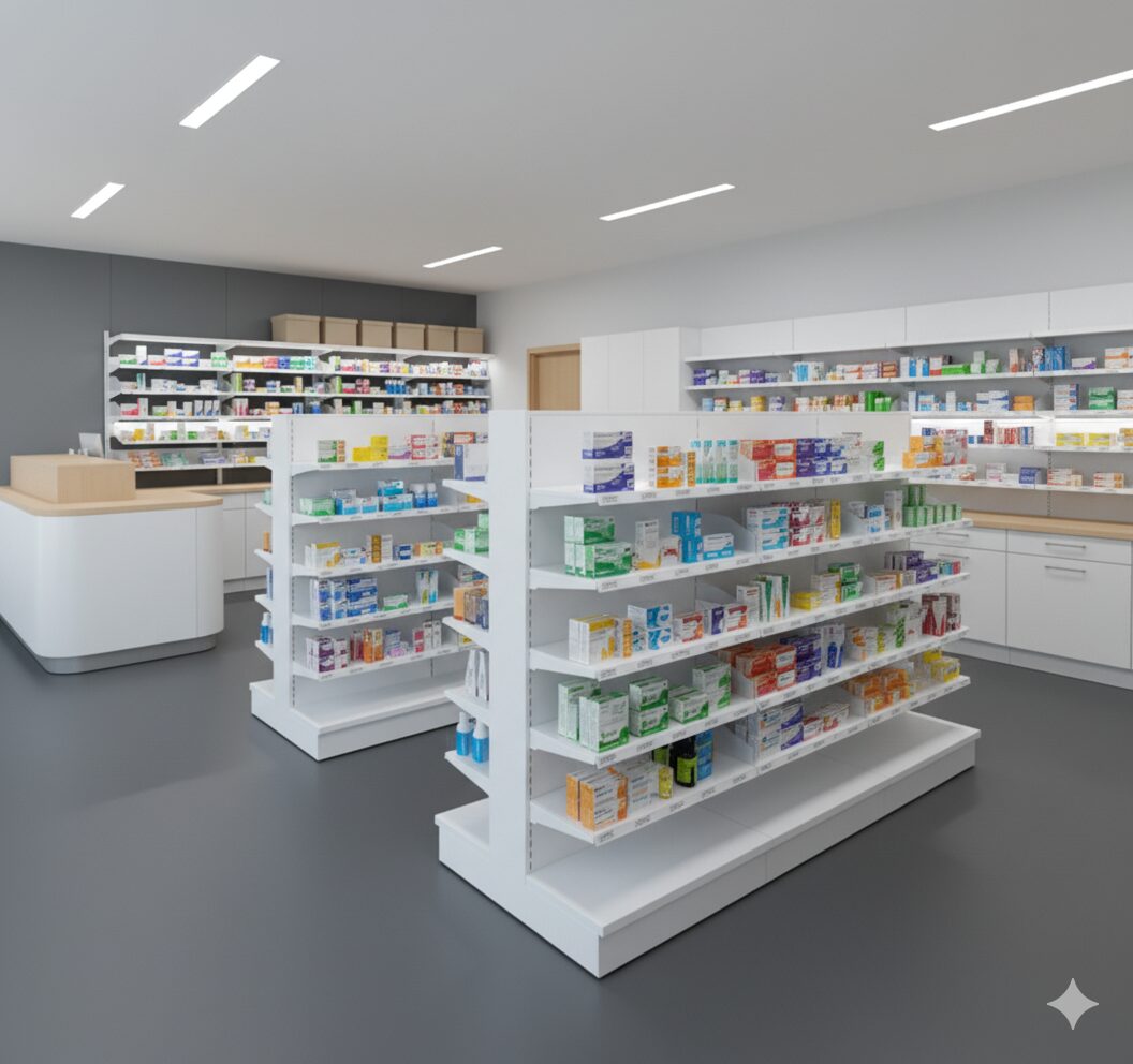 Pharmacy shelving material quality — steel and powder coating finish from Chinese manufacturer