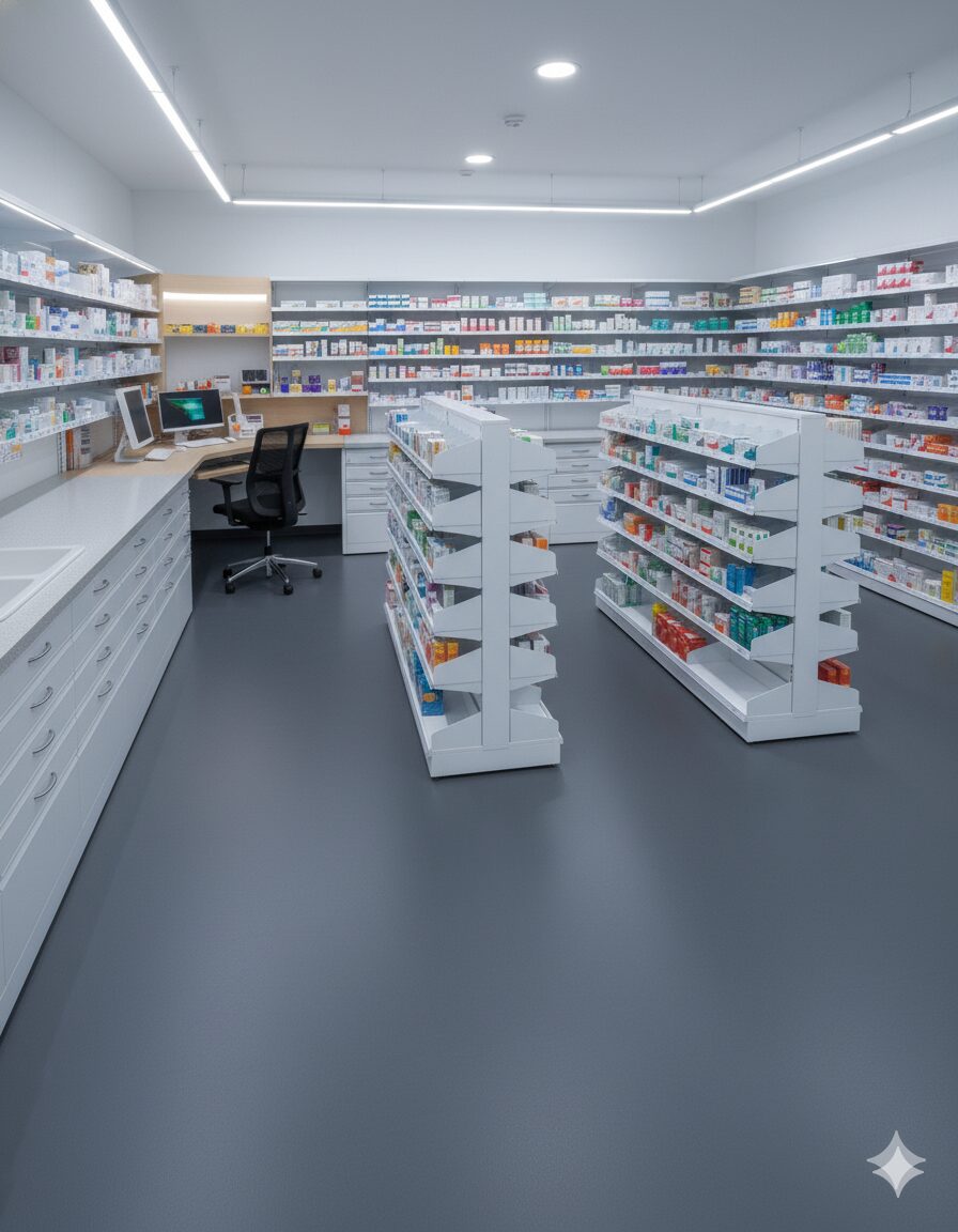 Completed pharmacy installation in Kuwait branch — wall shelving, glass displays, and counters installed