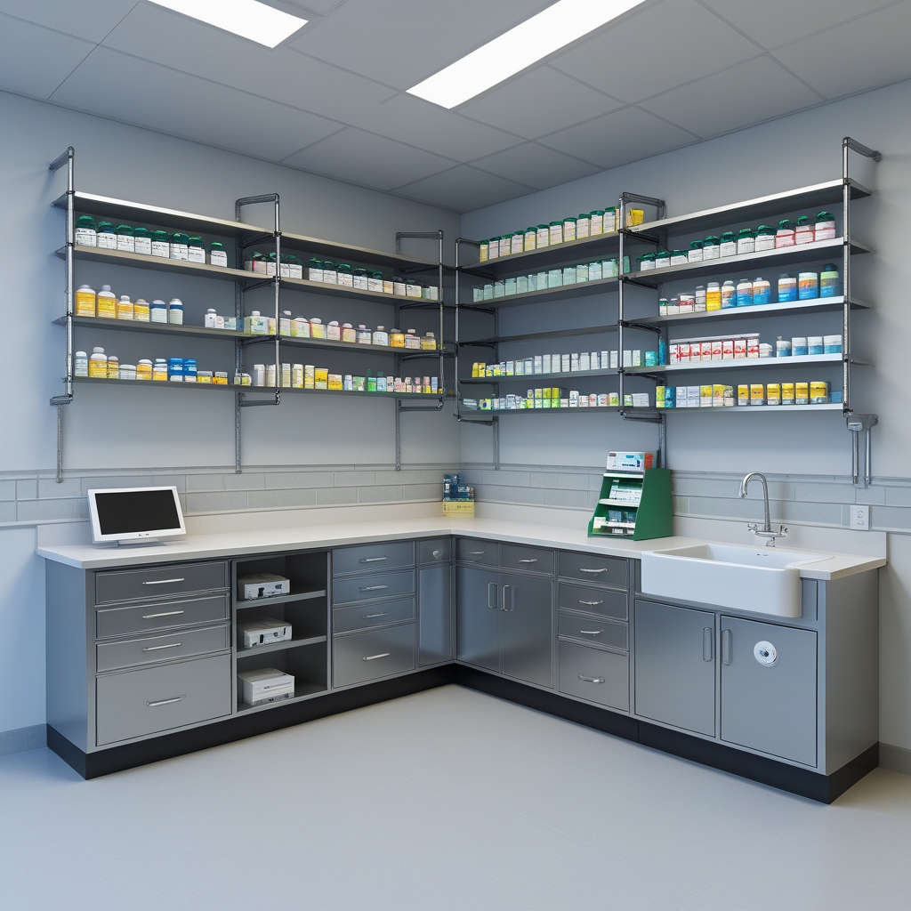 Pharmacy shelving manufacturing process — production line in China for custom pharmacy fixtures