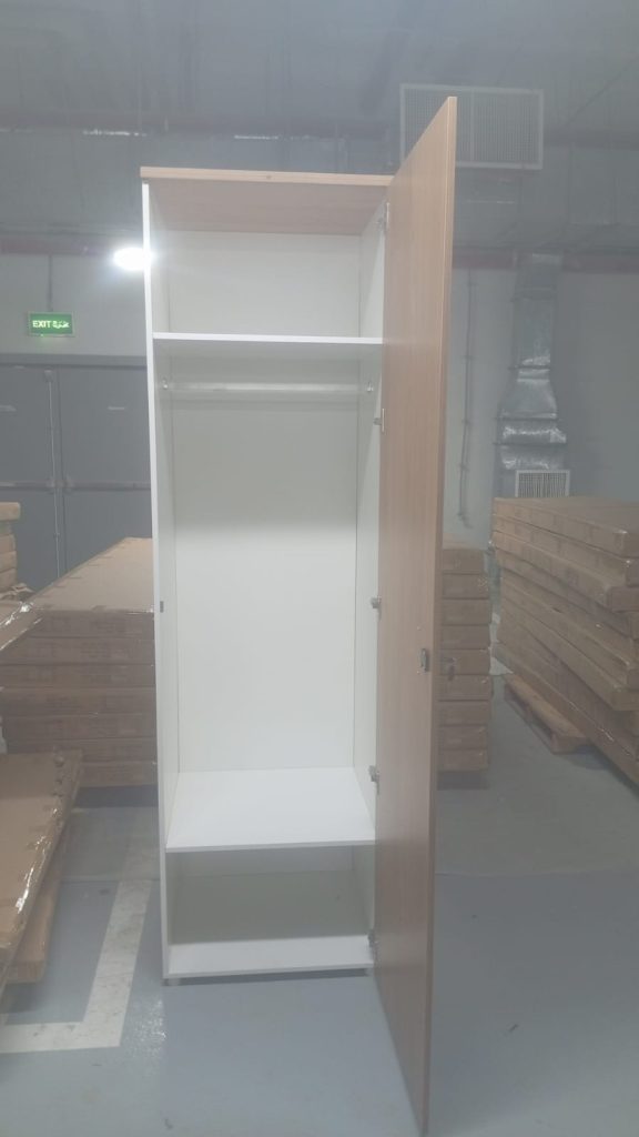 Open single-door hospital staff locker wardrobe with hanging rail and shelving, factory production