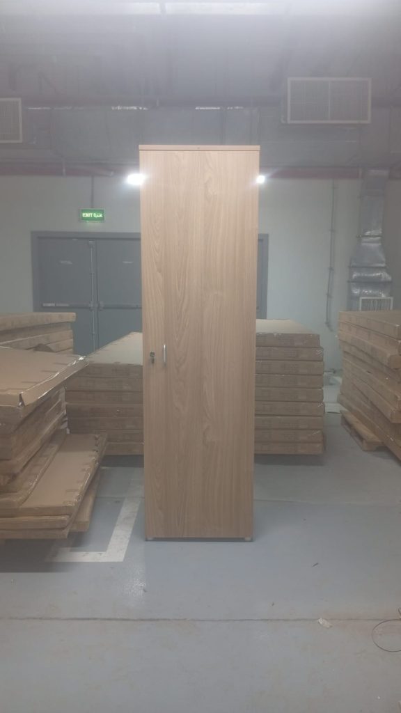 Closed hospital staff locker wardrobe in oak wood finish with lockable handle